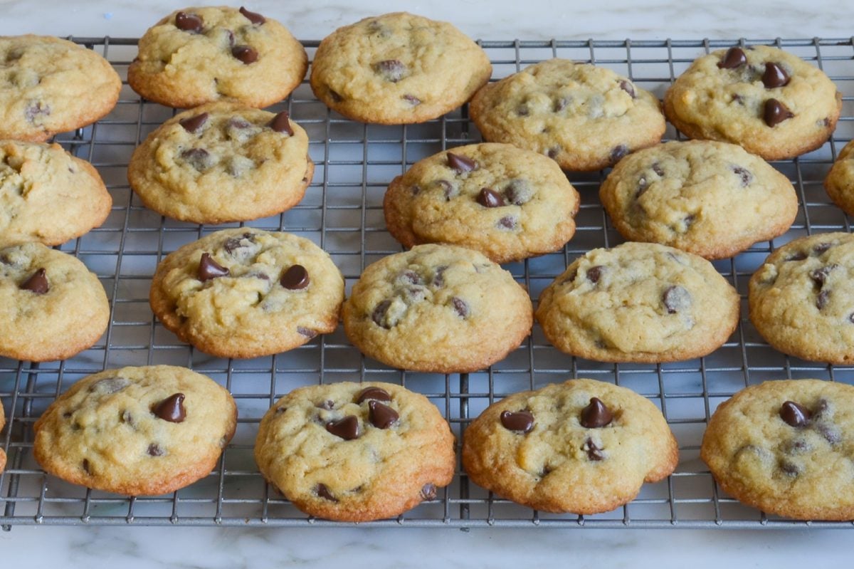 chocolate chip cookies cooling on rack
