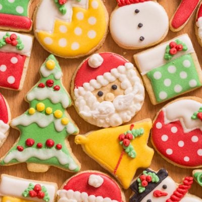 Christmas cookies on wooden board.