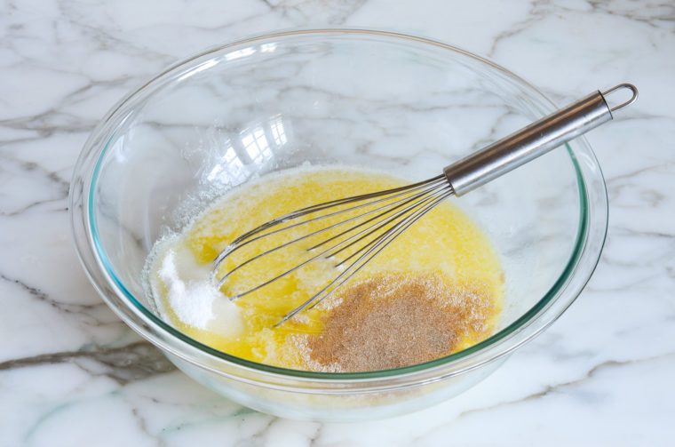 butter, water, sugar, salt and yeast in bowl