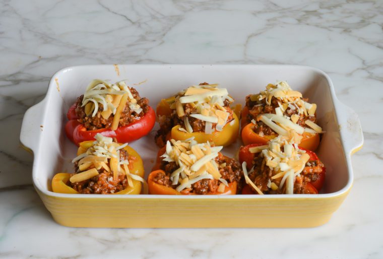 Stuffed peppers ready to bake.