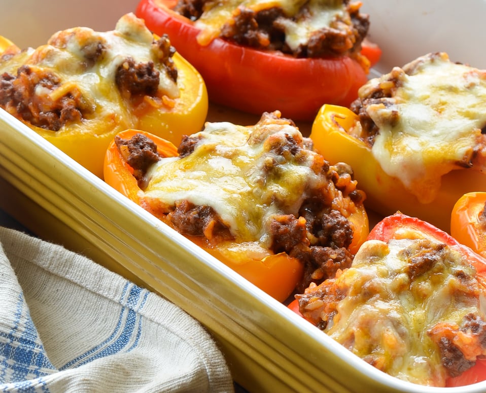 stuffed peppers in baking dish