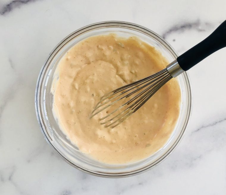 Whisked Russian dressing in bowl
