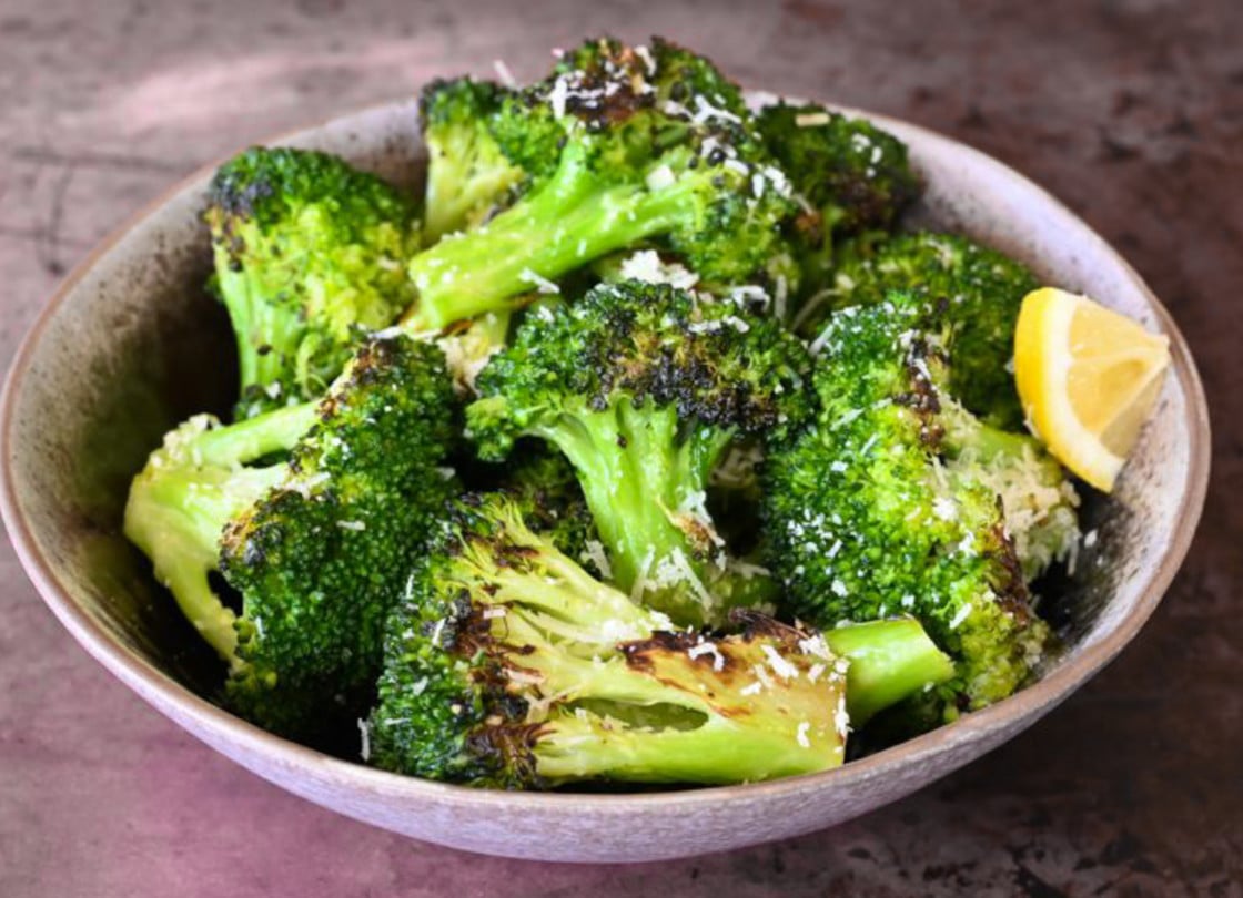 Bowl of garlicky roasted broccoli.