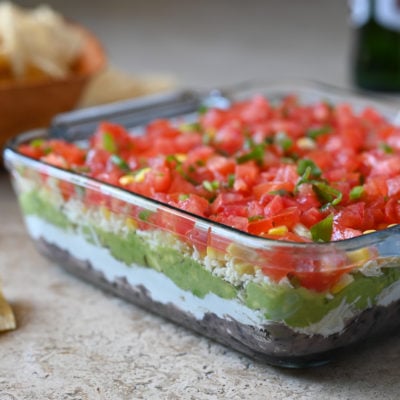 7 layer dip in serving dish.