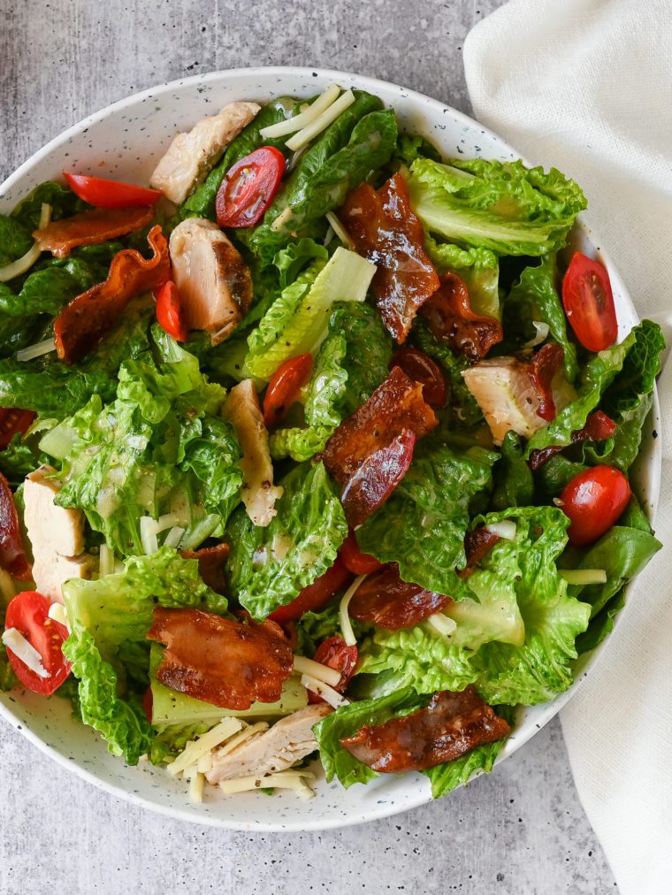Bowl of BLT salad with chicken.