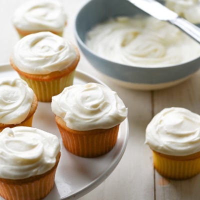 Cream cheese frosting and vanilla cupcakes.