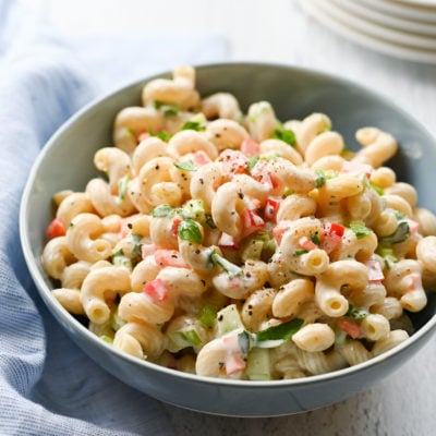 Bowl of macaroni salad.