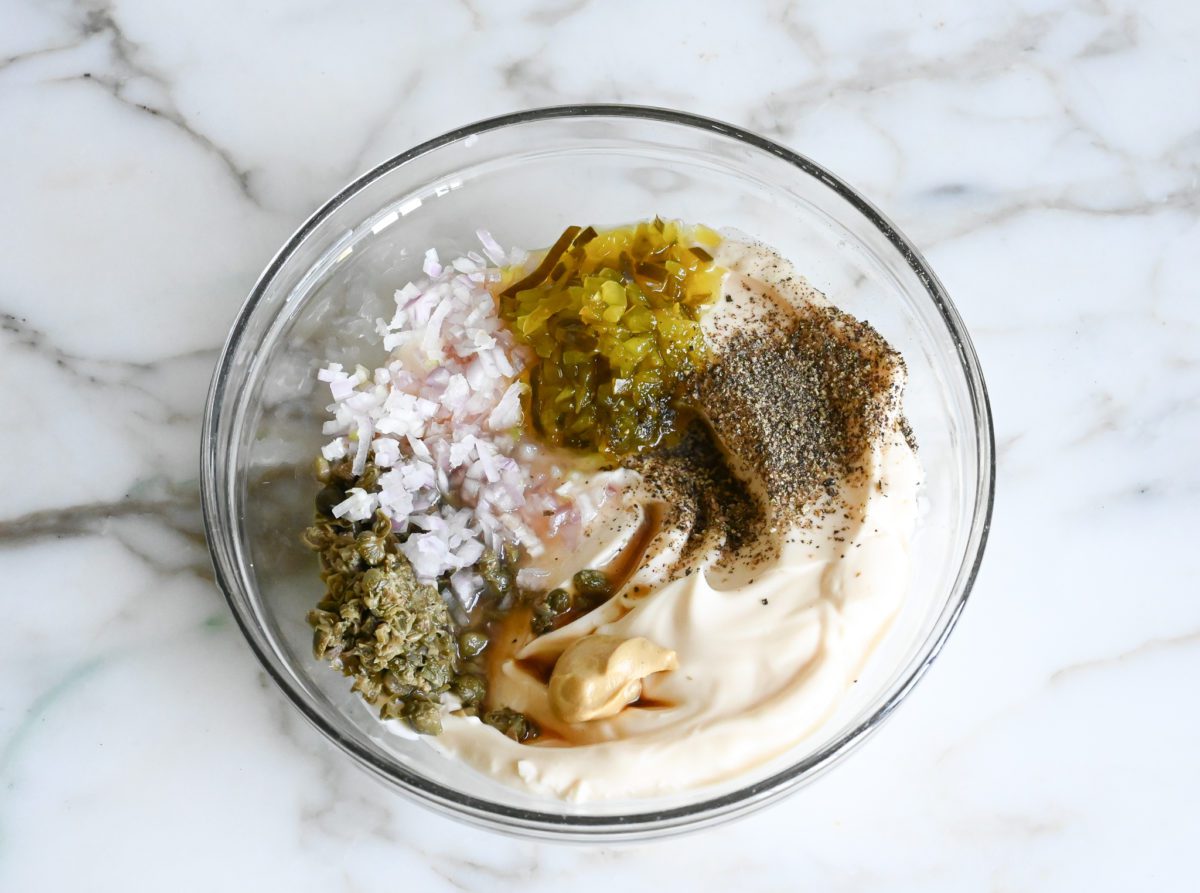 tartar sauce ingredients in mixing bowl