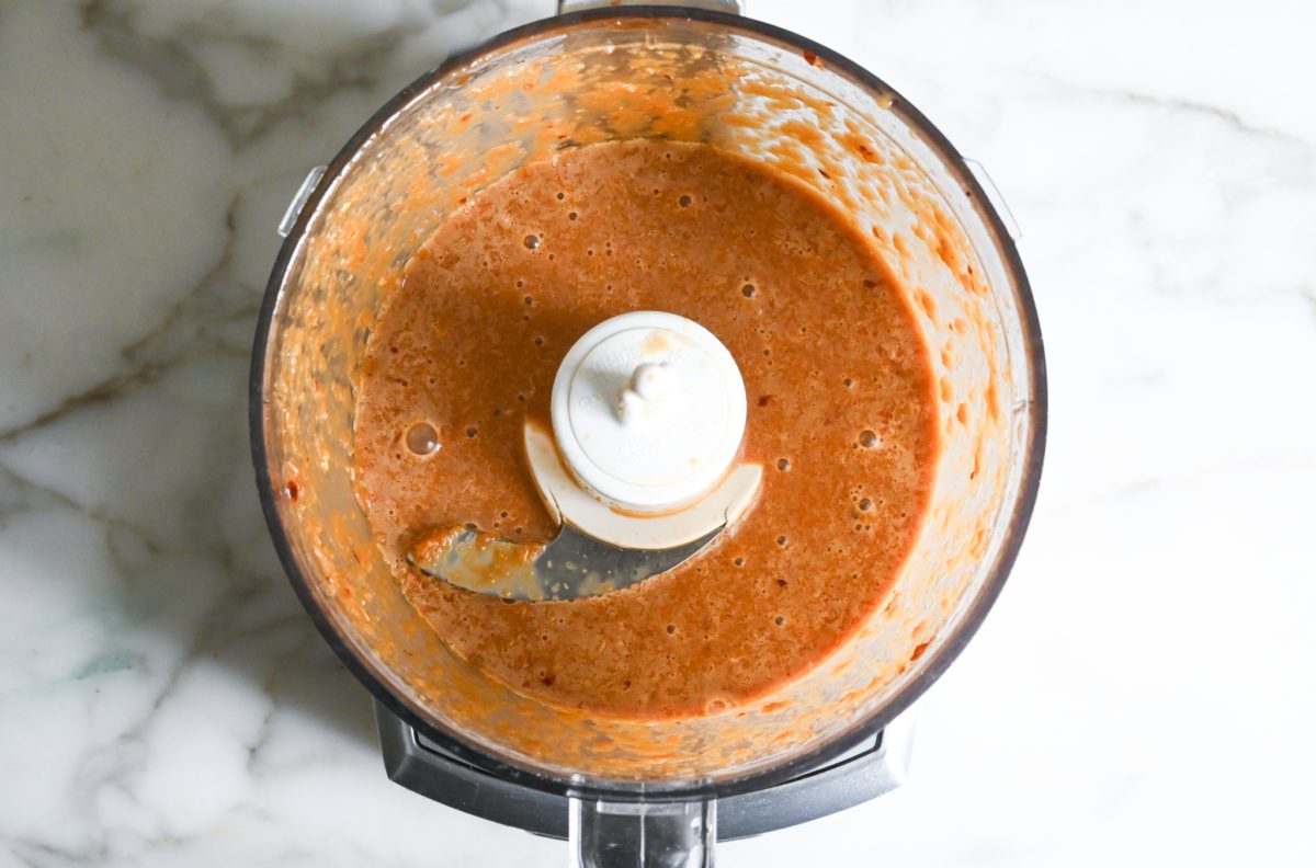 Blended bulgogi marinade in a food processor bowl.