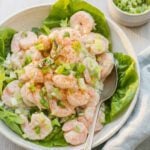 Shrimp salad in bowl with butter lettuce leaves.