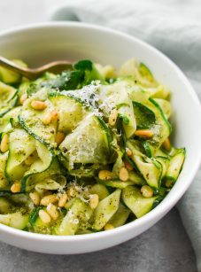 Bowl of zucchini noodles with pesto.