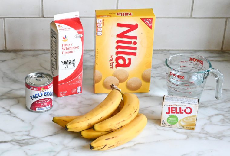 Nilla wafers, vanilla pudding, bananas, condensed milk, water, and heavy cream