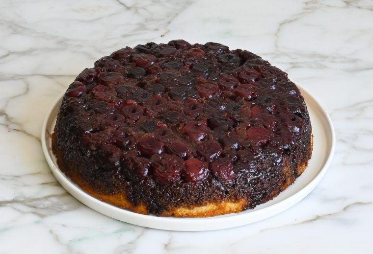 upside-down cherry cake on platter