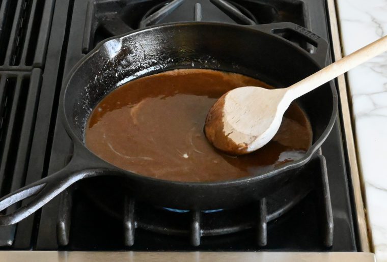 Brown sugar and butter mixture melted in a skillet.