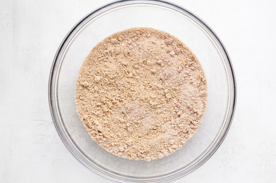 Dry ingredients for topping blended in mixing bowl.