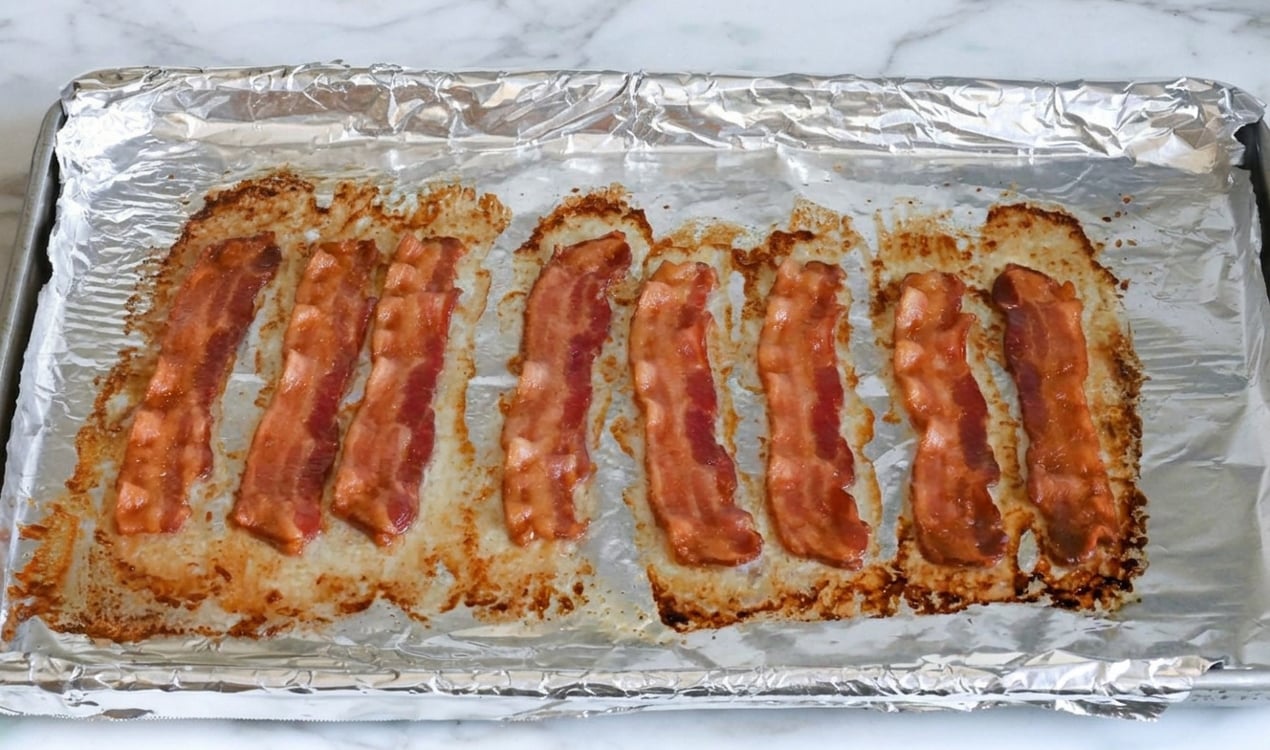 Crispy cooked bacon on the foil-lined baking pan.