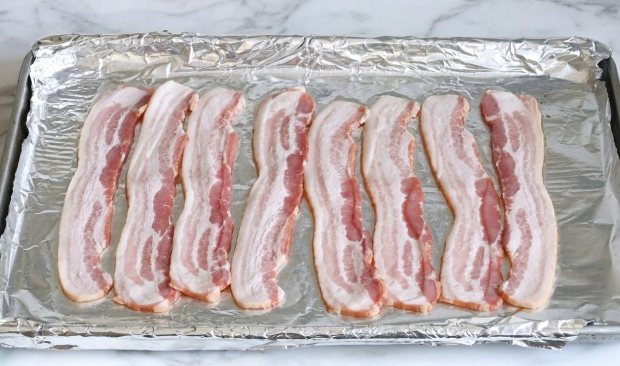 Raw strips bacon on foil-lined sheet pan.