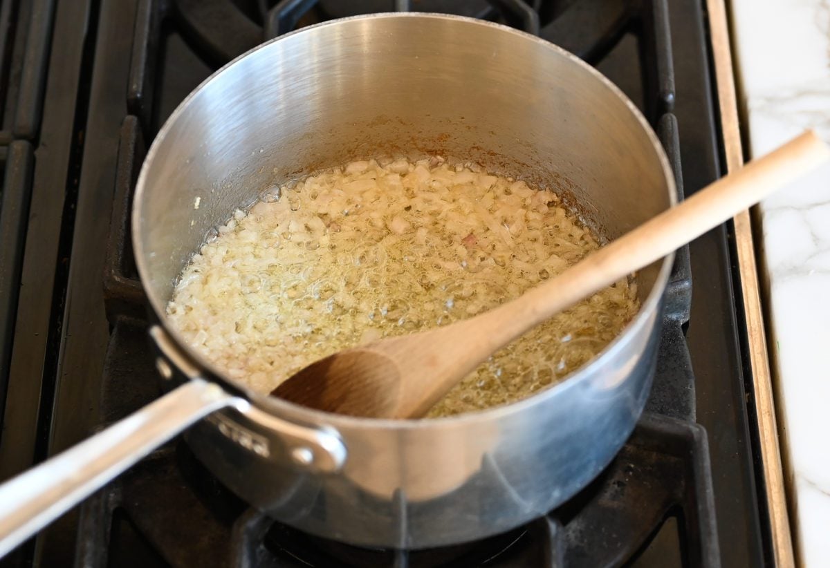 softened shallots in pan