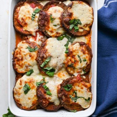 Eggplant parmesan in a baking pan.