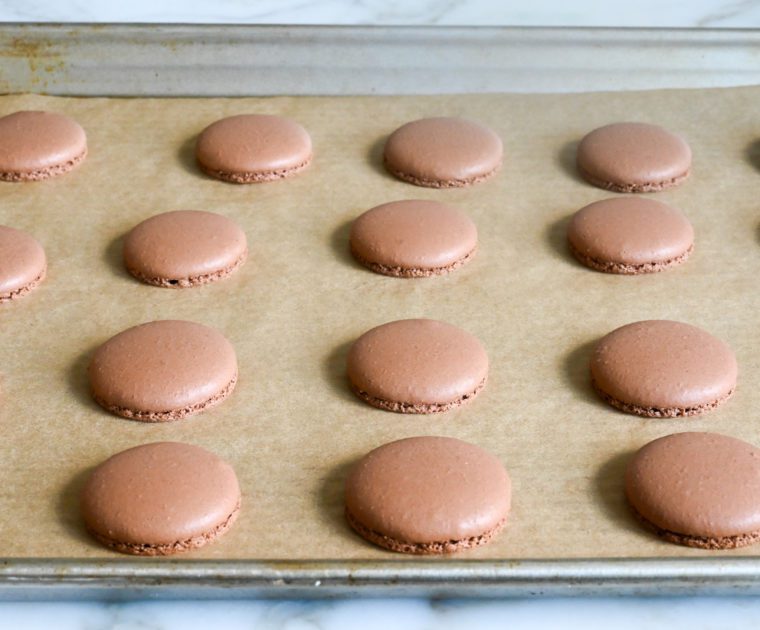 chocolate macaron shells on baking sheet