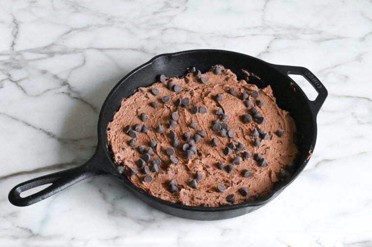 double chocolate skillet cookie ready to bake