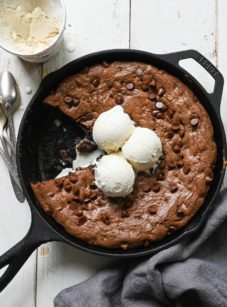 Double chocolate skillet cookie missing a slice.