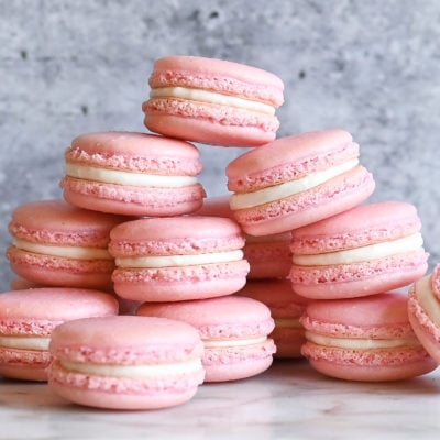 Pile of pink macarons.