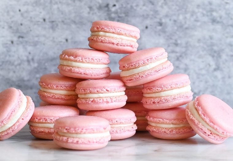 Pile of pink macarons.