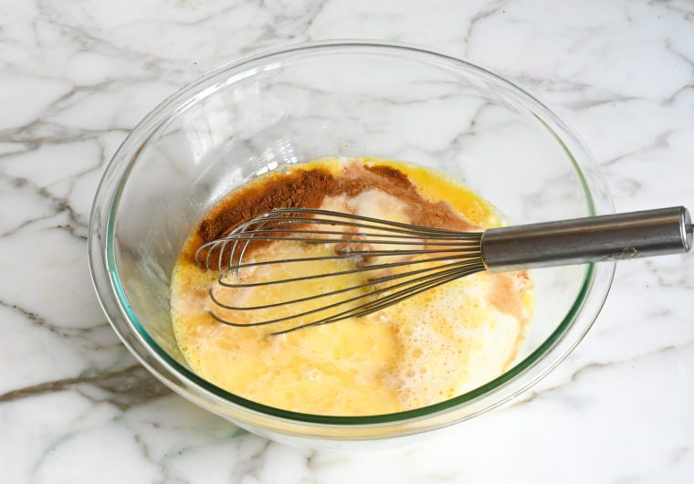 milk, sugar, butter, bourbon, vanilla and salt added to beaten eggs