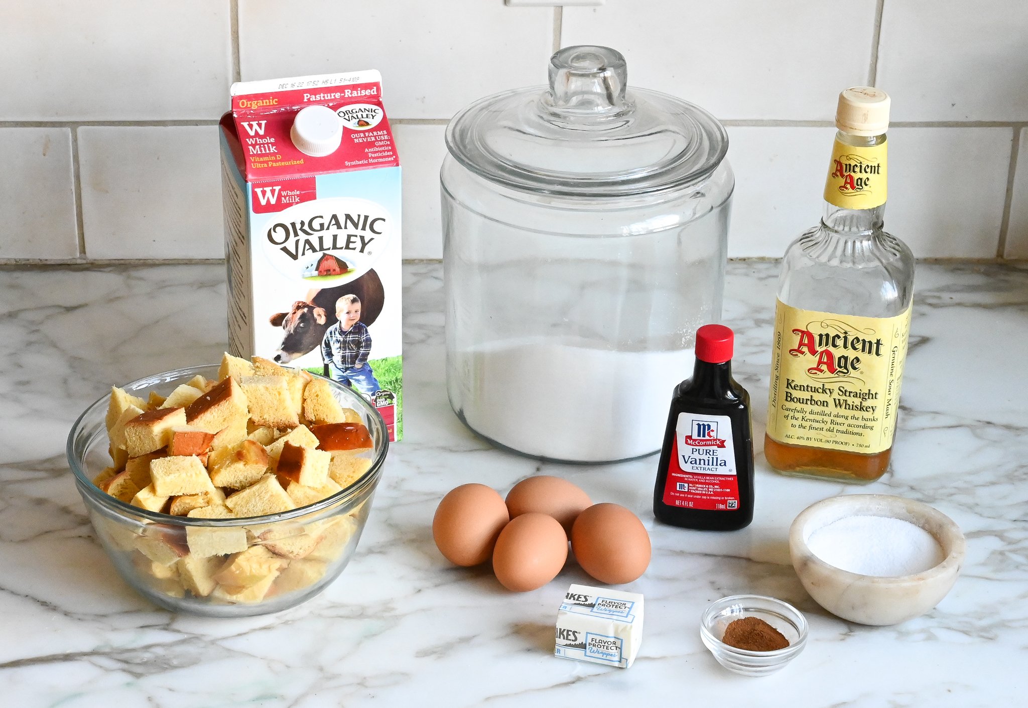 Bread pudding ingredients on the counter before preparing.