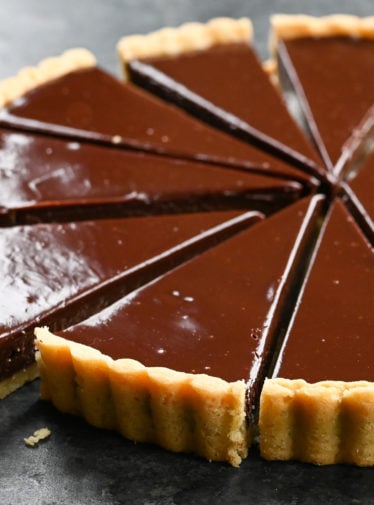 Sliced chocolate tart.