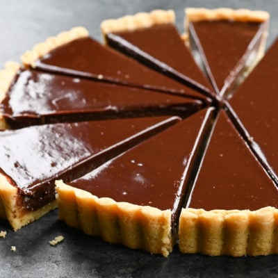 Sliced chocolate tart.