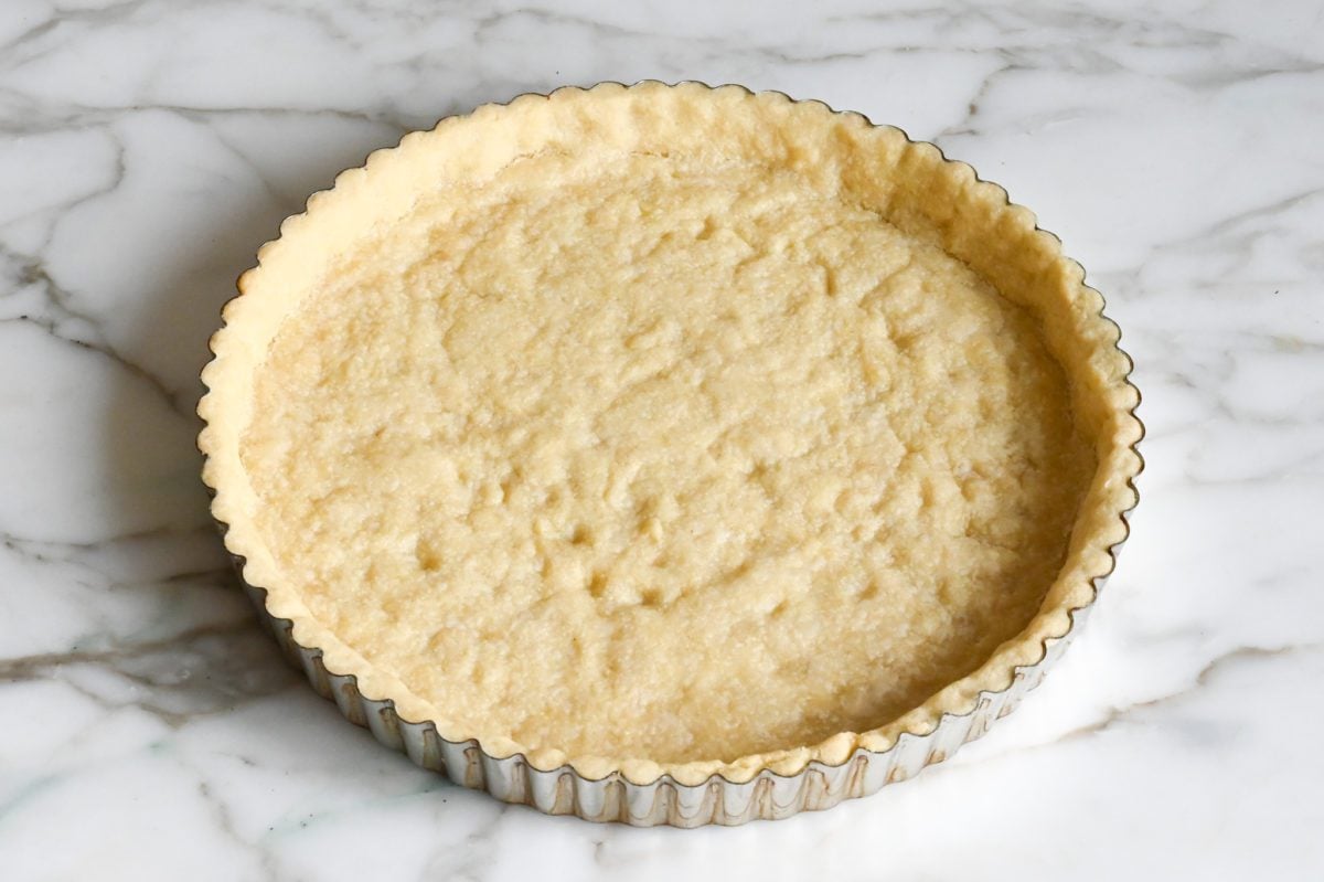 Baked crust for chocolate tart.