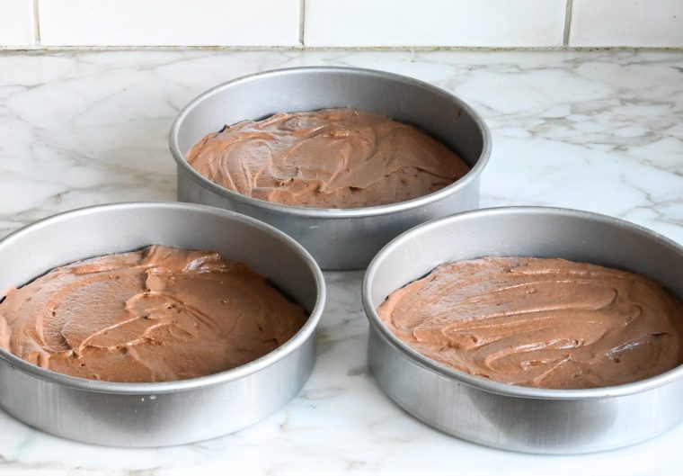 german chocolate cake layers ready to bake