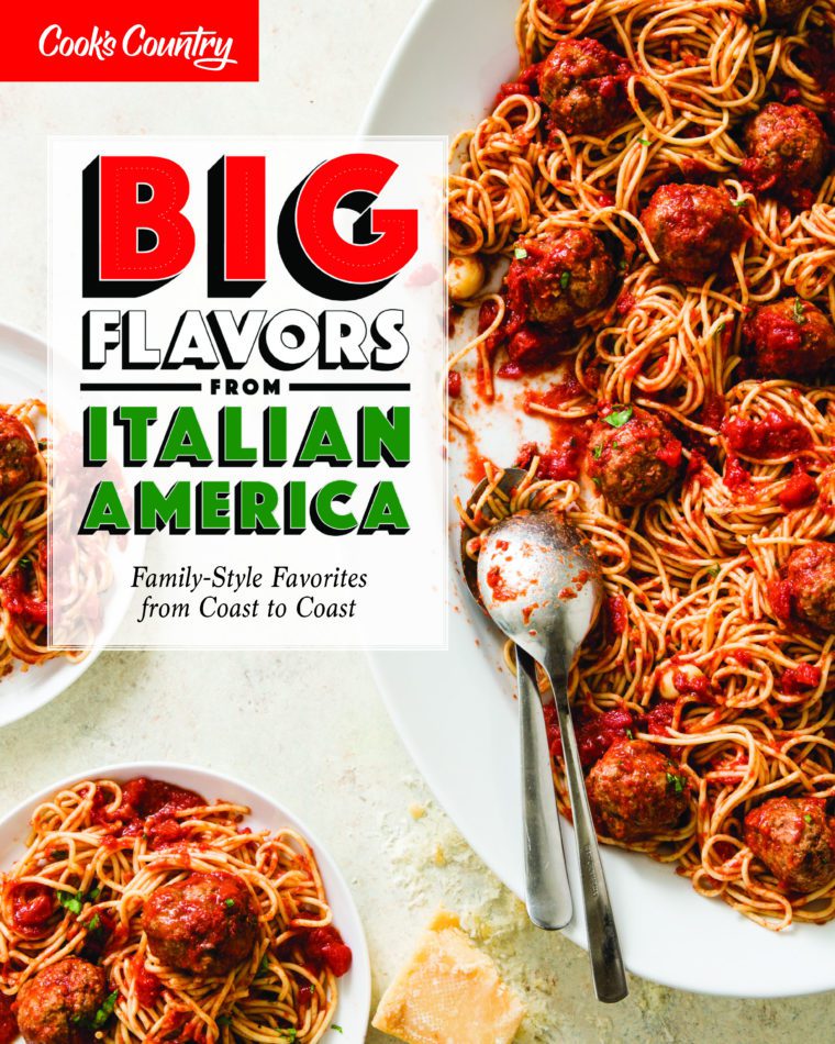 Cover of \"Big Flavors from Italian America\" with spaghetti and meatballs.