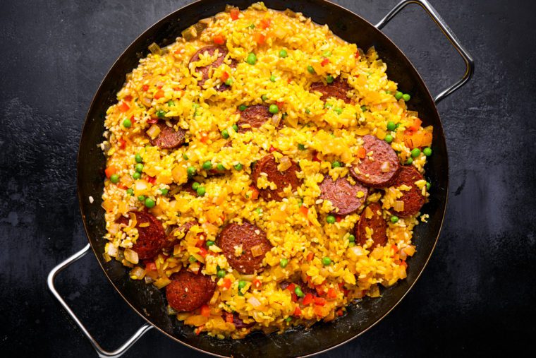 cooked rice with peas, chorizo, and thyme