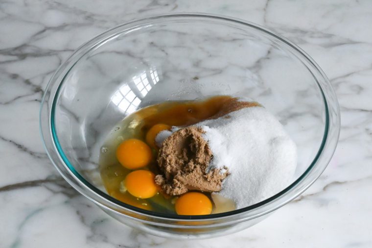 eggs, brown sugar, granulated sugar and vanilla in large bowl