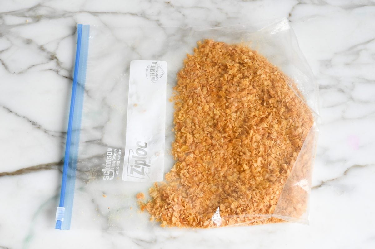 crushed cornflakes in plastic bag