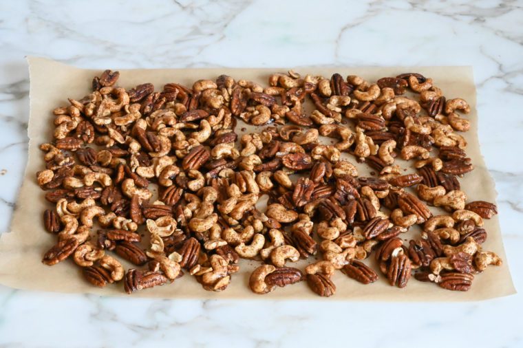 spiced nuts cooling on counter