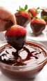 Person dipping a strawberry in chocolate ganache.