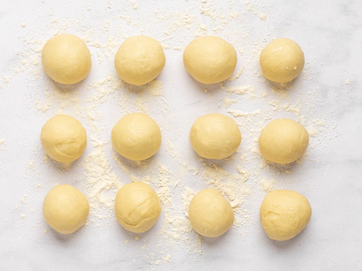 dough divided into 12 pieces and shaped into buns