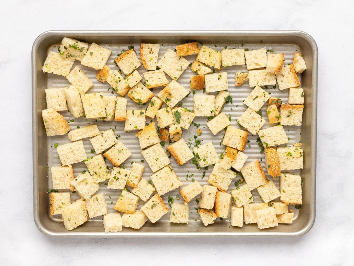 bread cubes tossed with oil and seasoning 