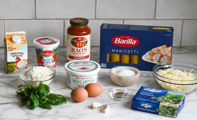 Manicotti ingredients including eggs, mascarpone, and ricotta.