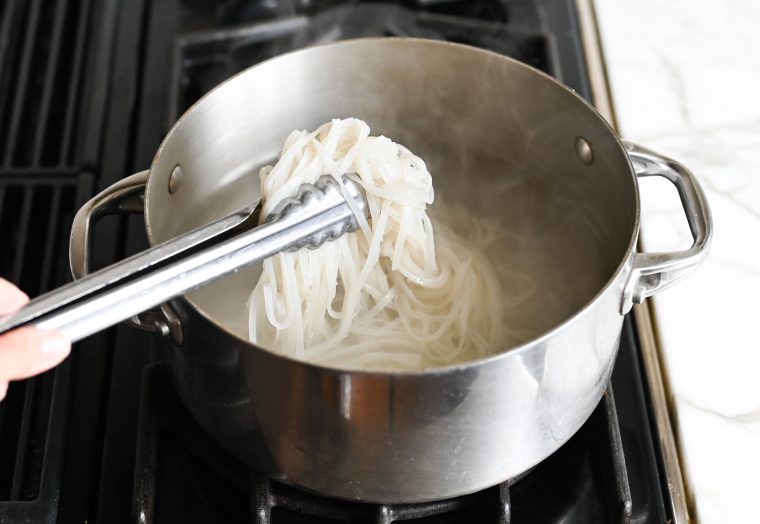 tender rice noodles in hot water