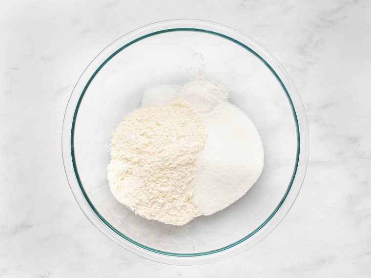 flour, salt, baking powder and sugar in bowl
