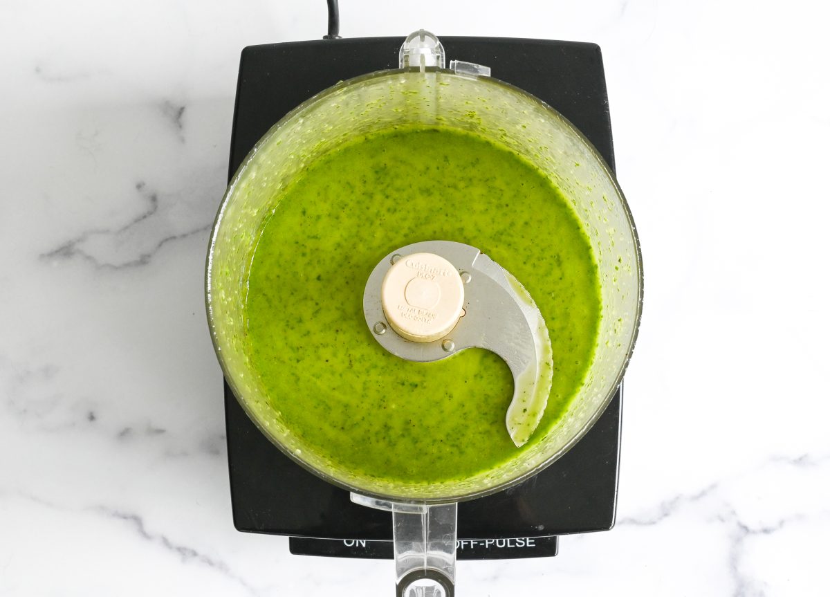 puréed basil vinaigrette in food processor