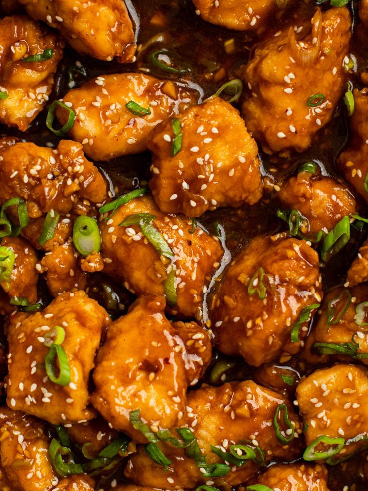 General Tso\'s chicken with sesame seeds.