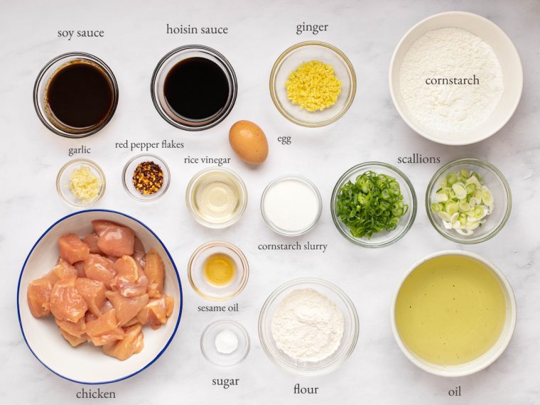 Chicken ingredients including egg, hoisin sauce, and cornstarch.