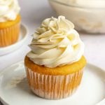 Cupcake topped with Swiss meringue buttercream.