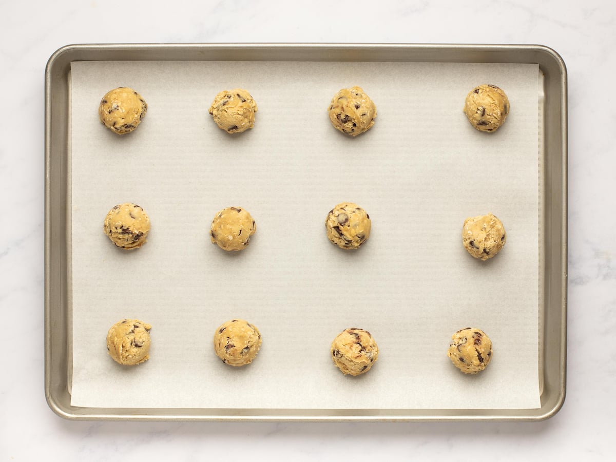 dough balls on baking sheet spaced about 2 inches apart